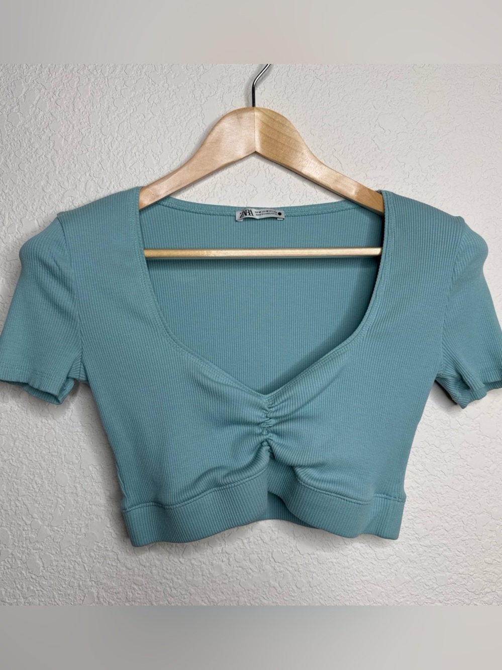 Zara Ribbed Ruched Crop Top Dusty Blue, Size Medium, Short Sleeve